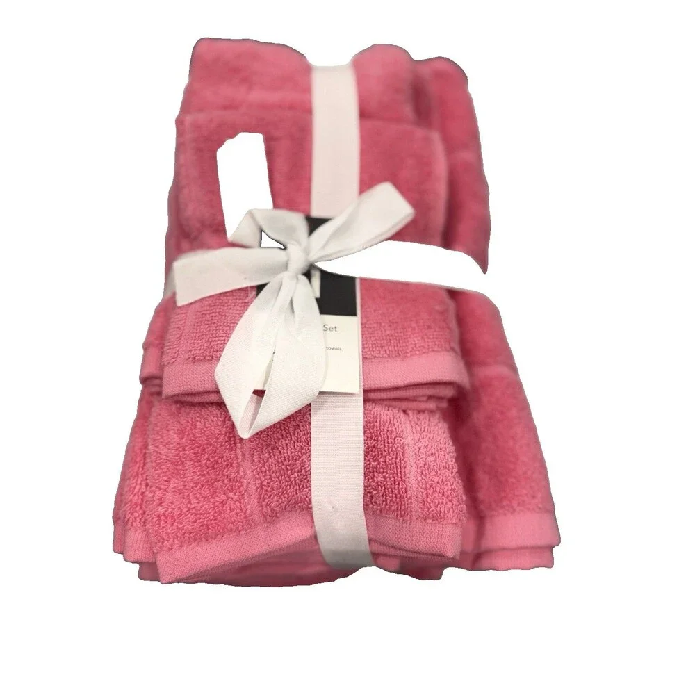 Home Expressions 6 Piece Bath Towel Set 100% Cotton Pink Lemonade NEW